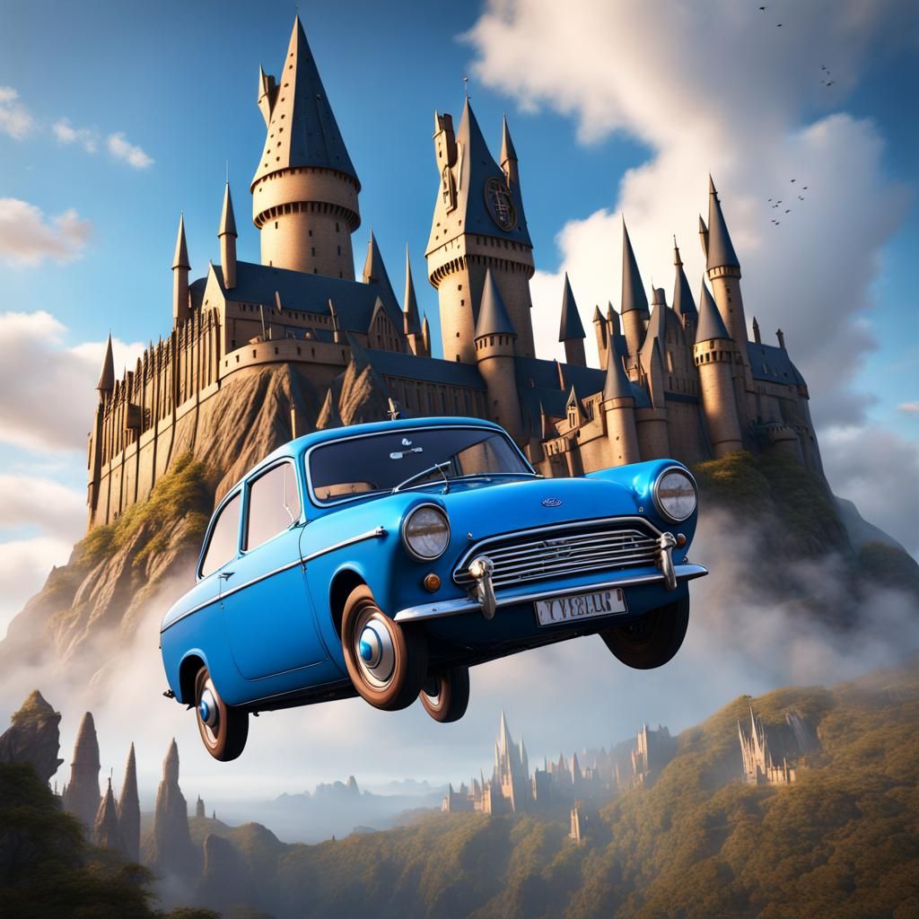 Ford Anglia Flying Above Hogwarts: Detailed Matte Painting