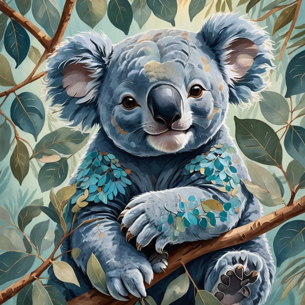 Blue Koala Napping in Australian Folk Art Style