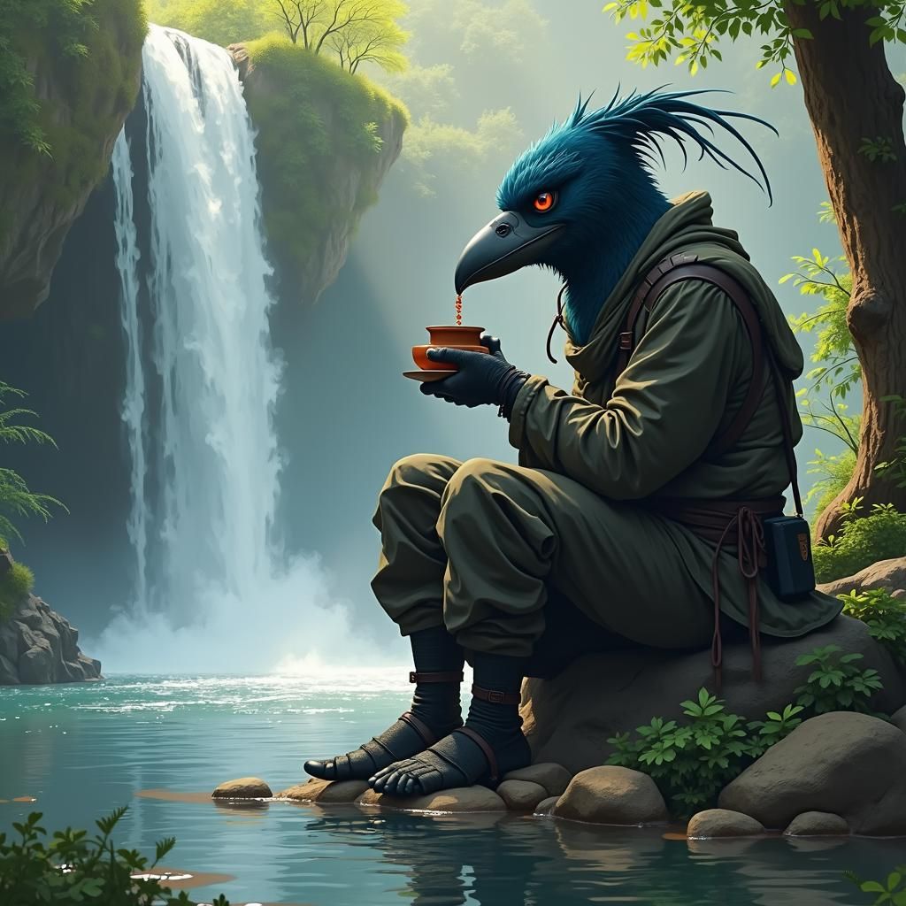Ninja Crow Sipping Tea at Waterfall Stream