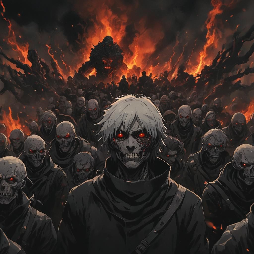 Dystopian Sci-Fi: Twisted Figures in Burning Cityscape