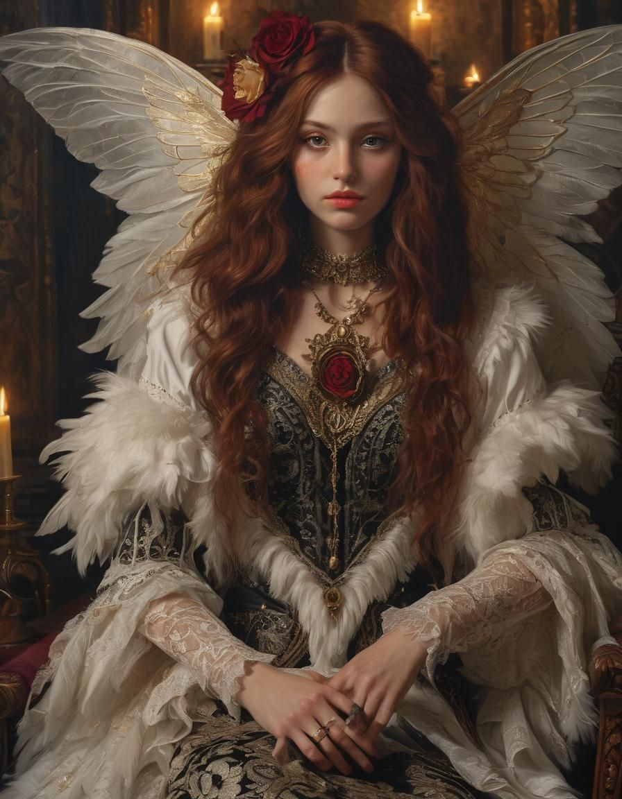 Steampunk Angel Woman Adorns Exotic Moon Moth in Medival Cas...