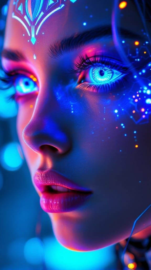 Sapphire-Eyed Cybernetic Being Radiates Ethereal Glow