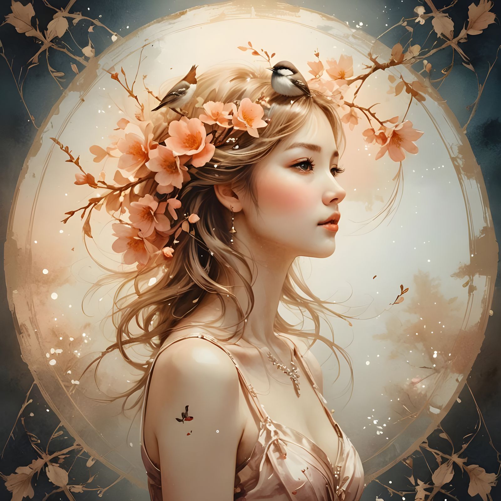 Bird on Branch in Sumi-e Style with Diluted Inks