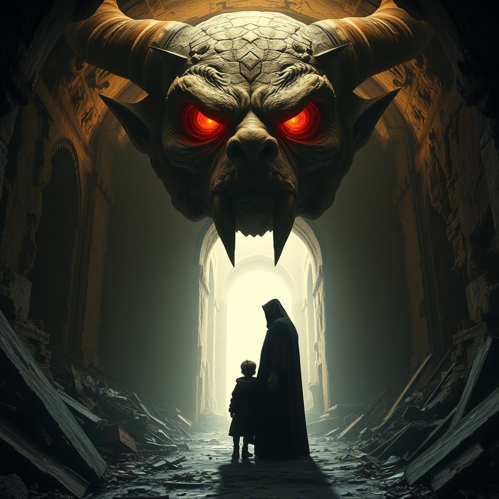 Ominous Stone Demon in Gothic Horror Scene