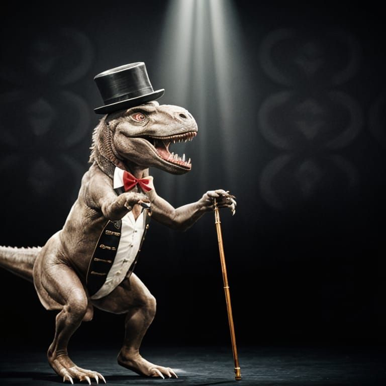 T-Rex Dancer in Top Hat on Stage, Photorealistic Style