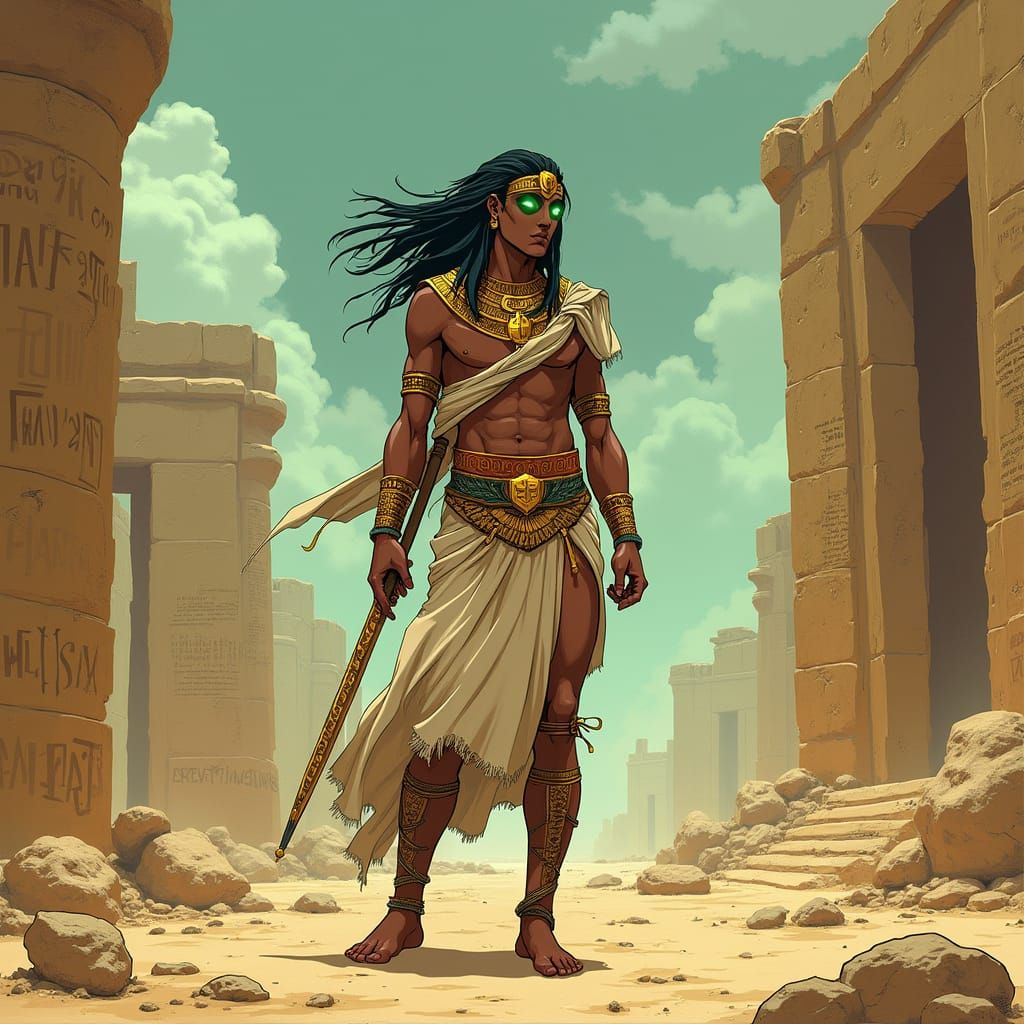Stylized Egyptian warrior in surreal desert, Moebius art style ...