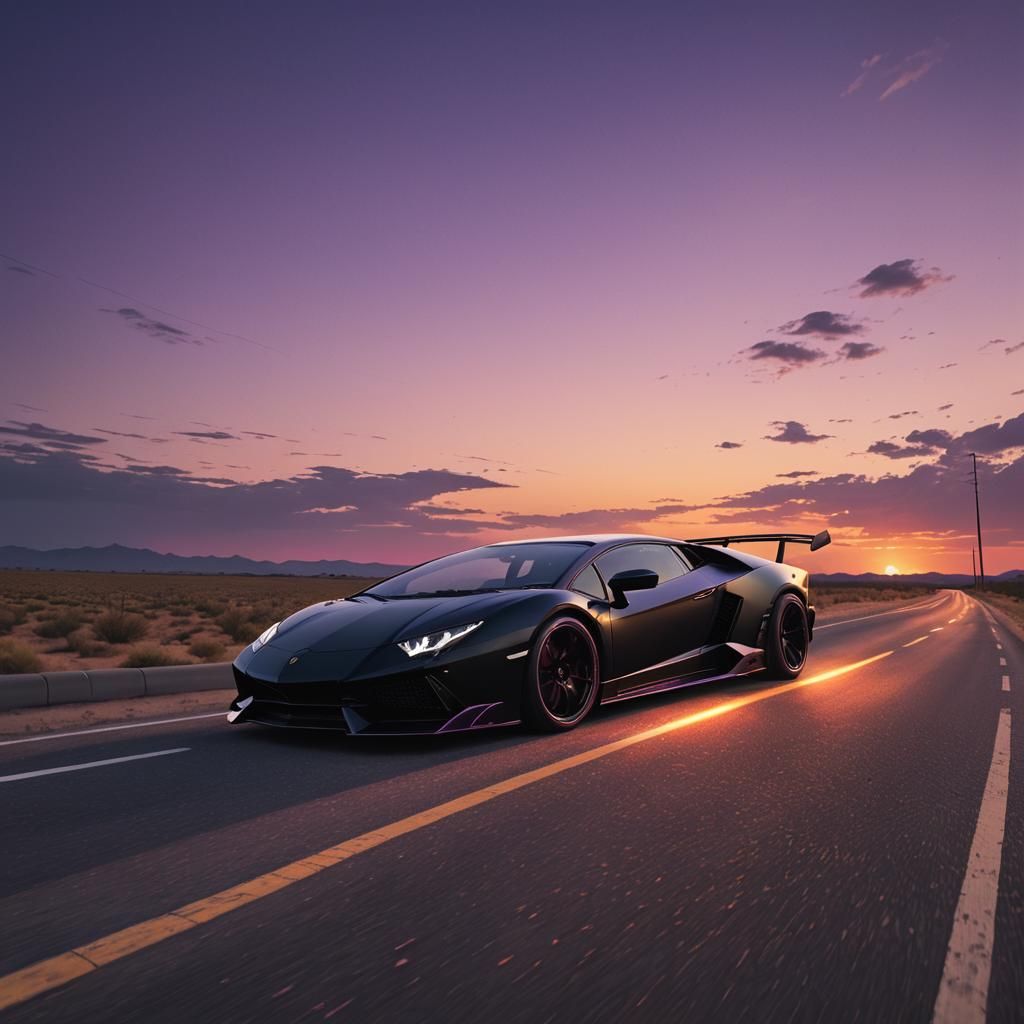 Black Lamborghini at Sunset: Hyperrealistic Concept Art