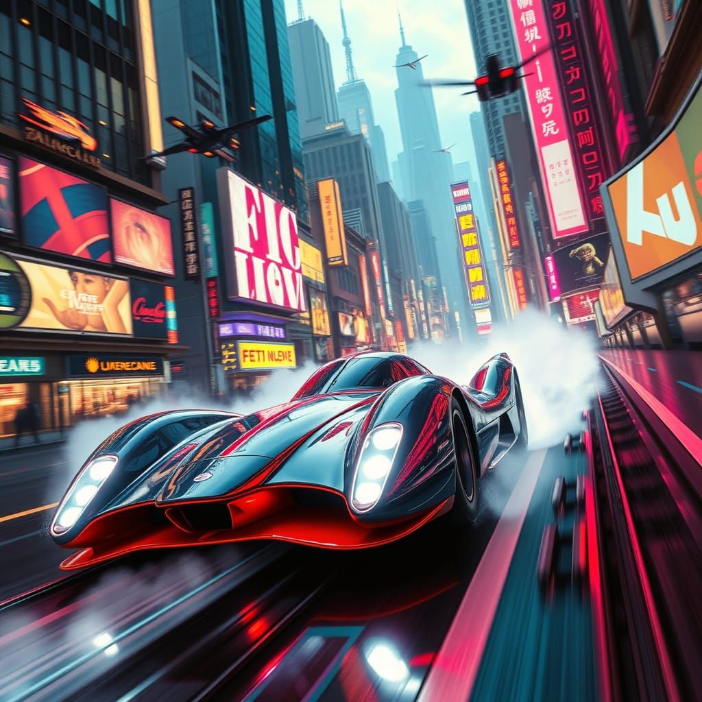 Futuristic Race Car in Neon Cityscape, Dark Futurism