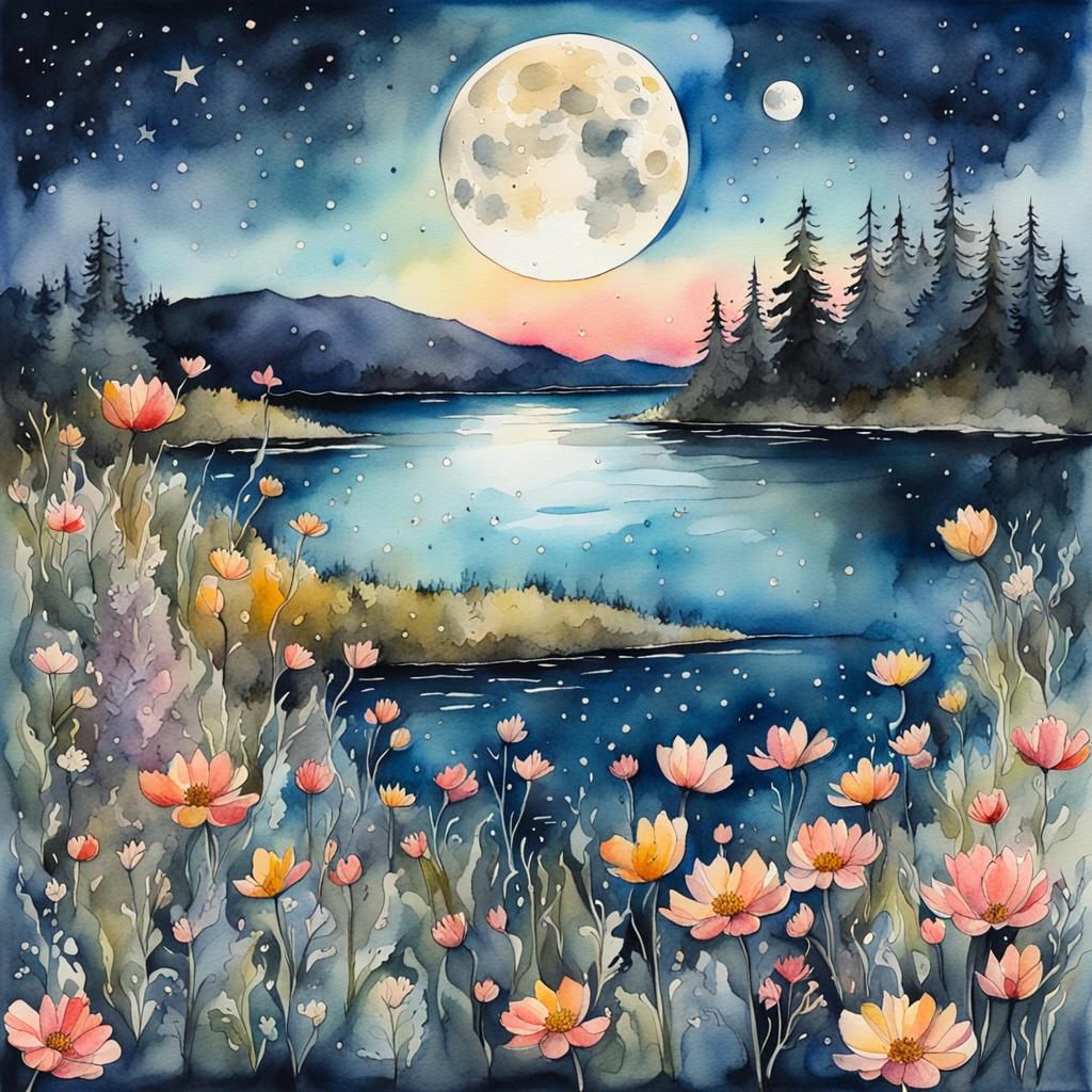 Watercolor Landscape with Lake, Moon, and Flowers