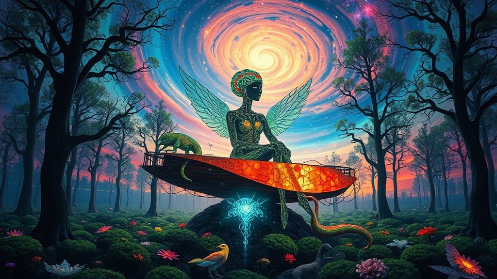 Ethereal Stained Glass Forest Under Celestial Sunset