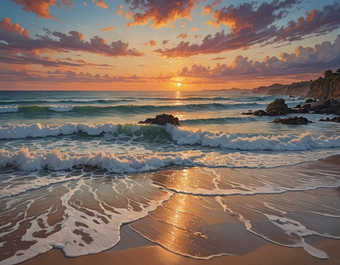 Vibrant Sunset at Idyllic Beach with Reflections