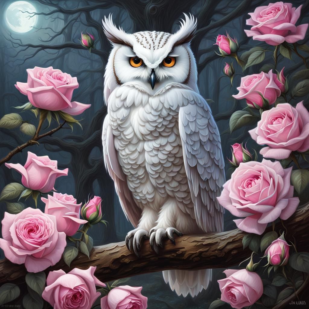 White Owl With Pink Roses