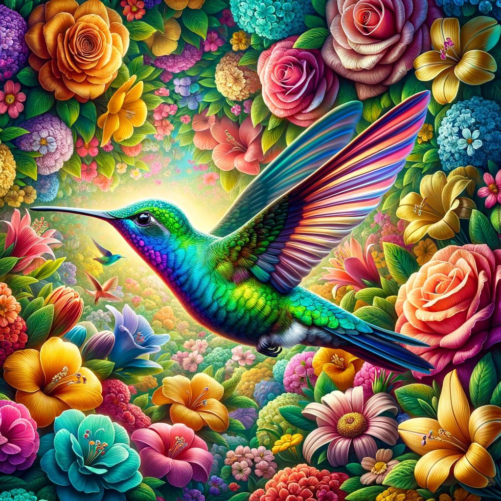 Vibrant Hummingbird in a Kaleidoscope of Blooming Flowers