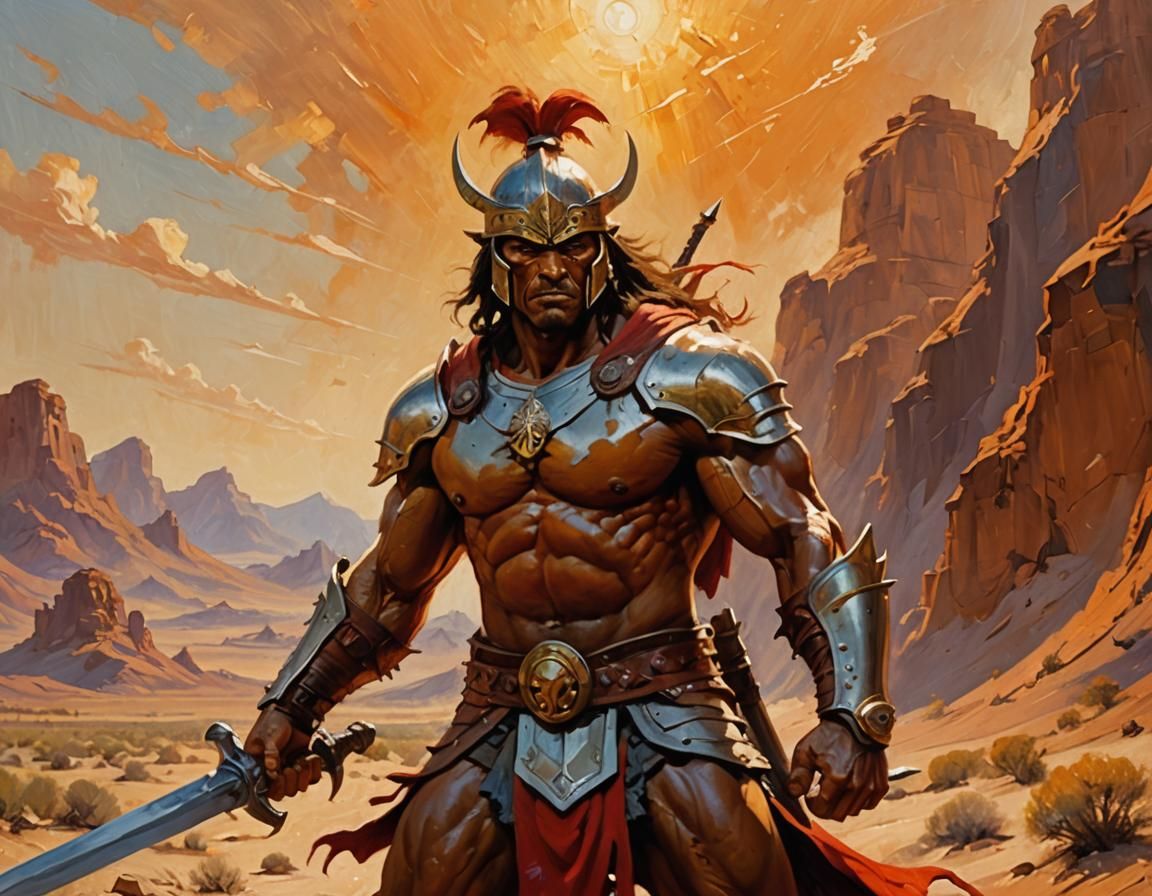 Redguard Warrior in Desert Landscape: Oil Painting