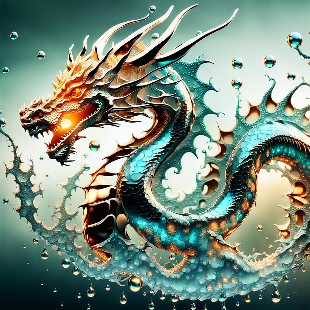 Metallic Chrome Dragon with Fractals in Alcohol Ink Style