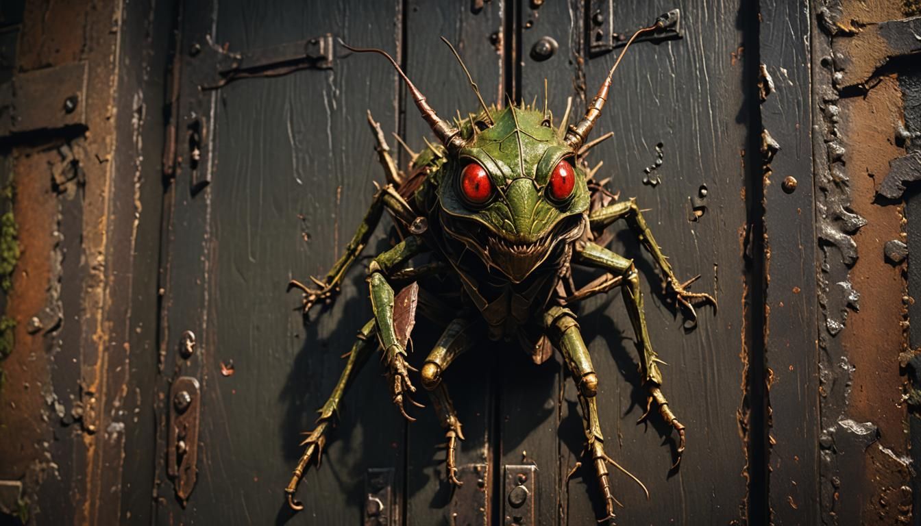 Demonic Grasshopper Guardian in Dark Fantasy Style