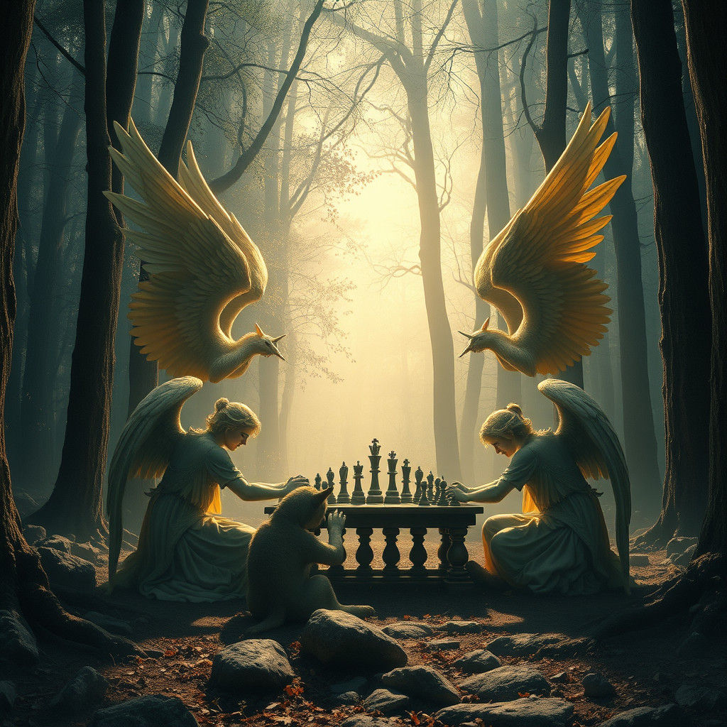Angels Play Chess in Forest: Digital Matte Painting