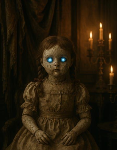 Eerie Antique Doll in Victorian Parlour, Oil Painting
