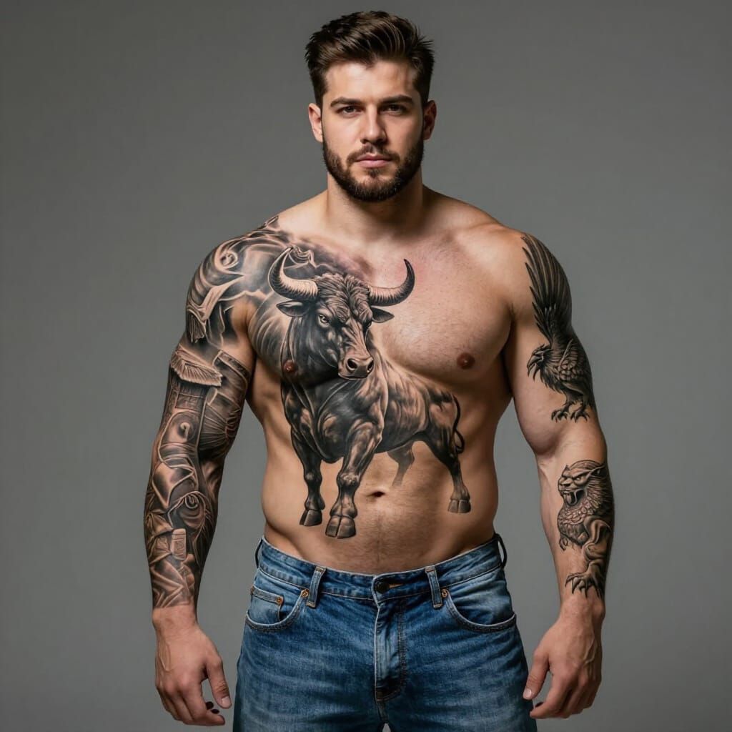 Cinematic Portrait of a Muscular Man with Detailed Tattoos