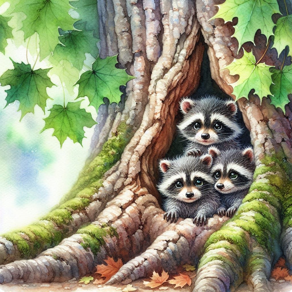Watercolor Raccoons in Enchanted Woodland Scene