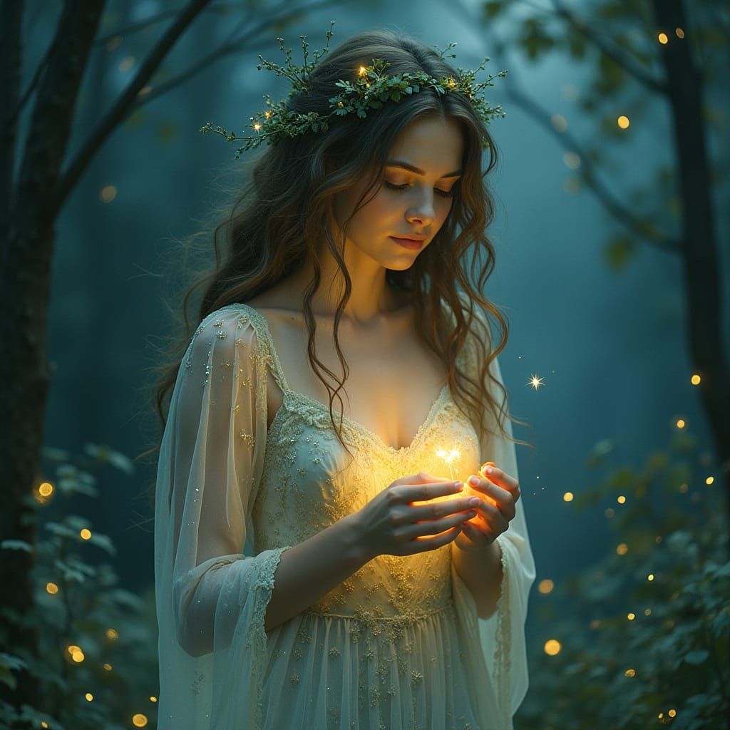 Dryad in Enchanted Forest, Pre-Raphaelite Art Nouveau