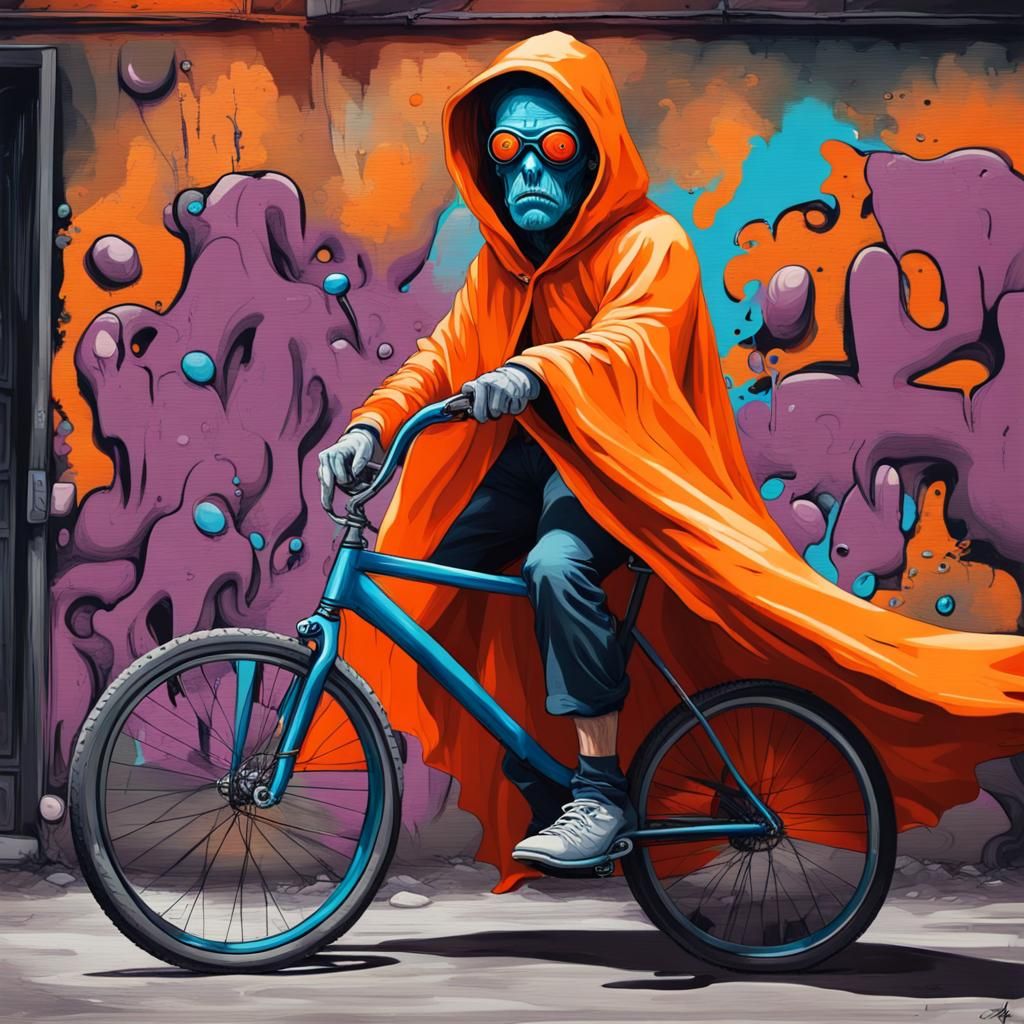 Scary Cyclops on Bicycle in Graffiti Street Art