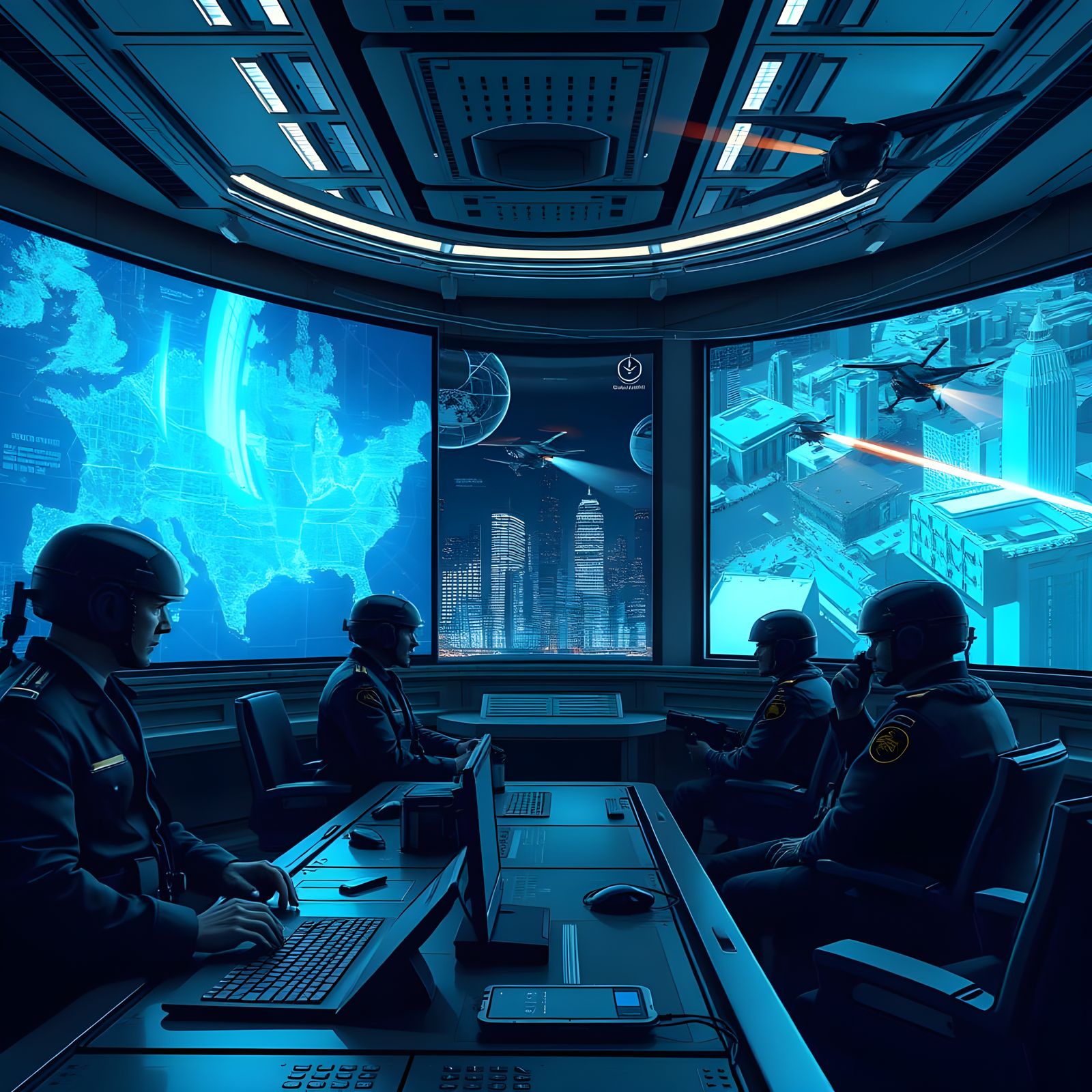 High-Tech Government War Room with Holographic Display