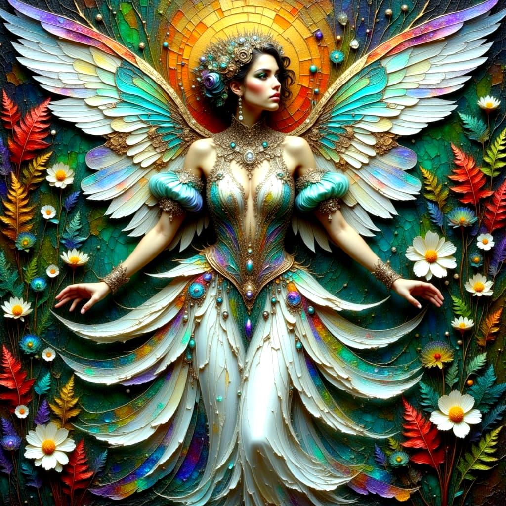 Fantasy Garden Beauty with Wings and Feathers in Vibrant Col...