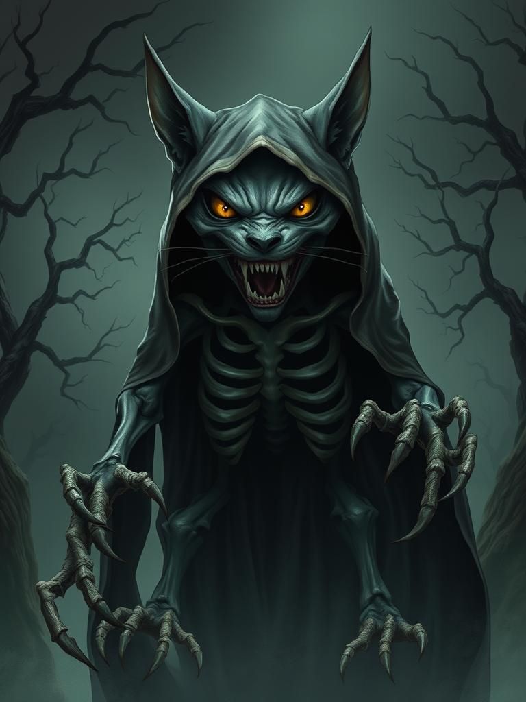 Terrifying Skeletal Cat Creature in Dark Fantasy Style