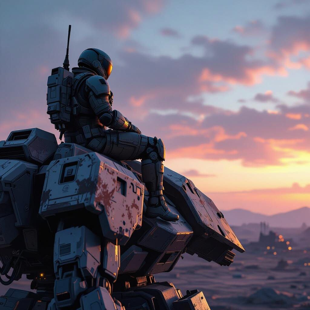 Mech Pilot Rests on Damaged Mech in Armored Core 5 Style