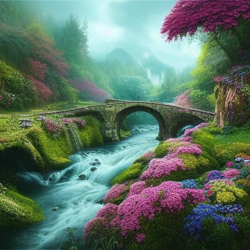 River Flowing Through Floral Landscape