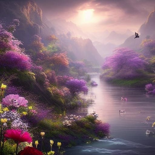 River Flowing Through a Floral Landscape