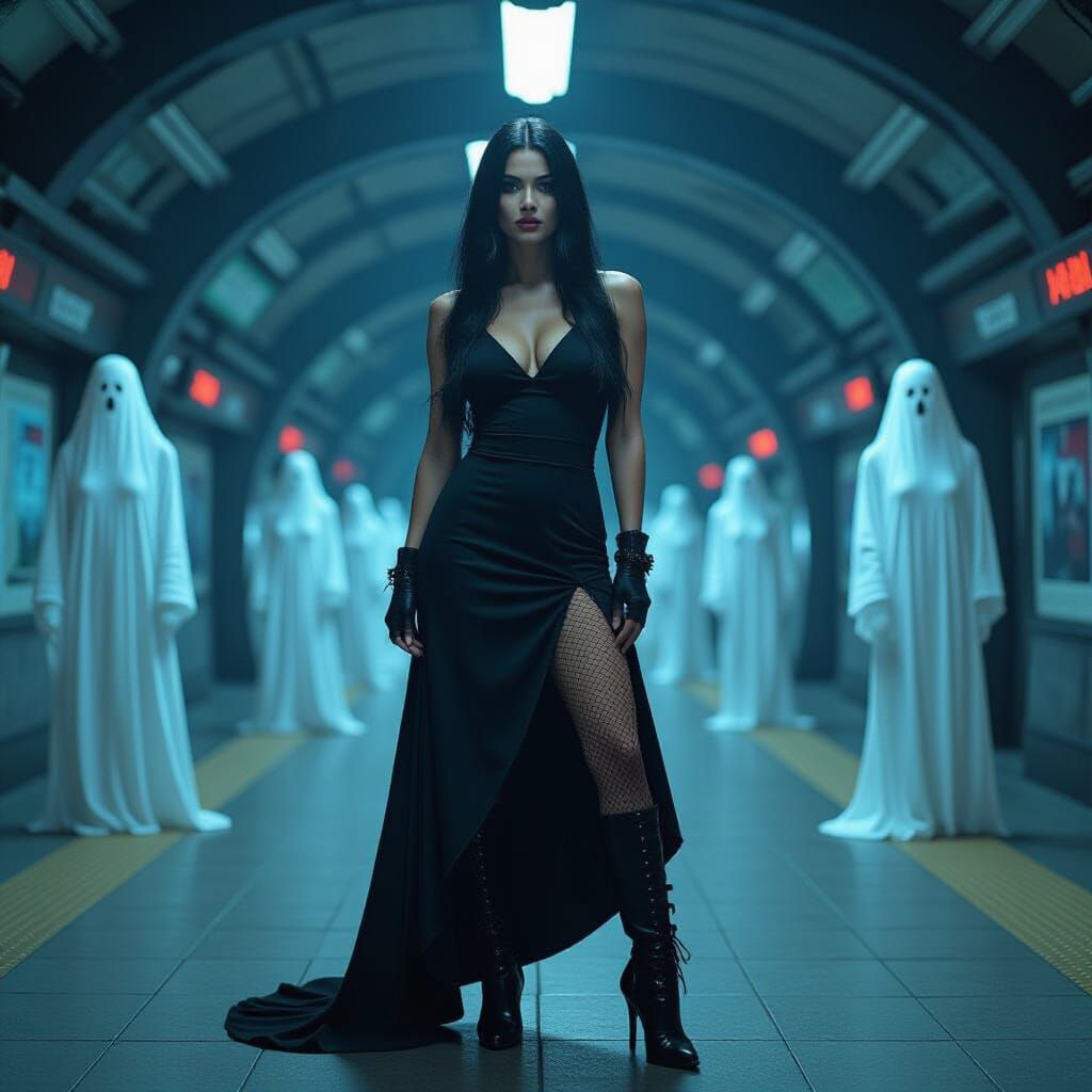 Gothic Woman in Haunted Subway, Futuristic Style