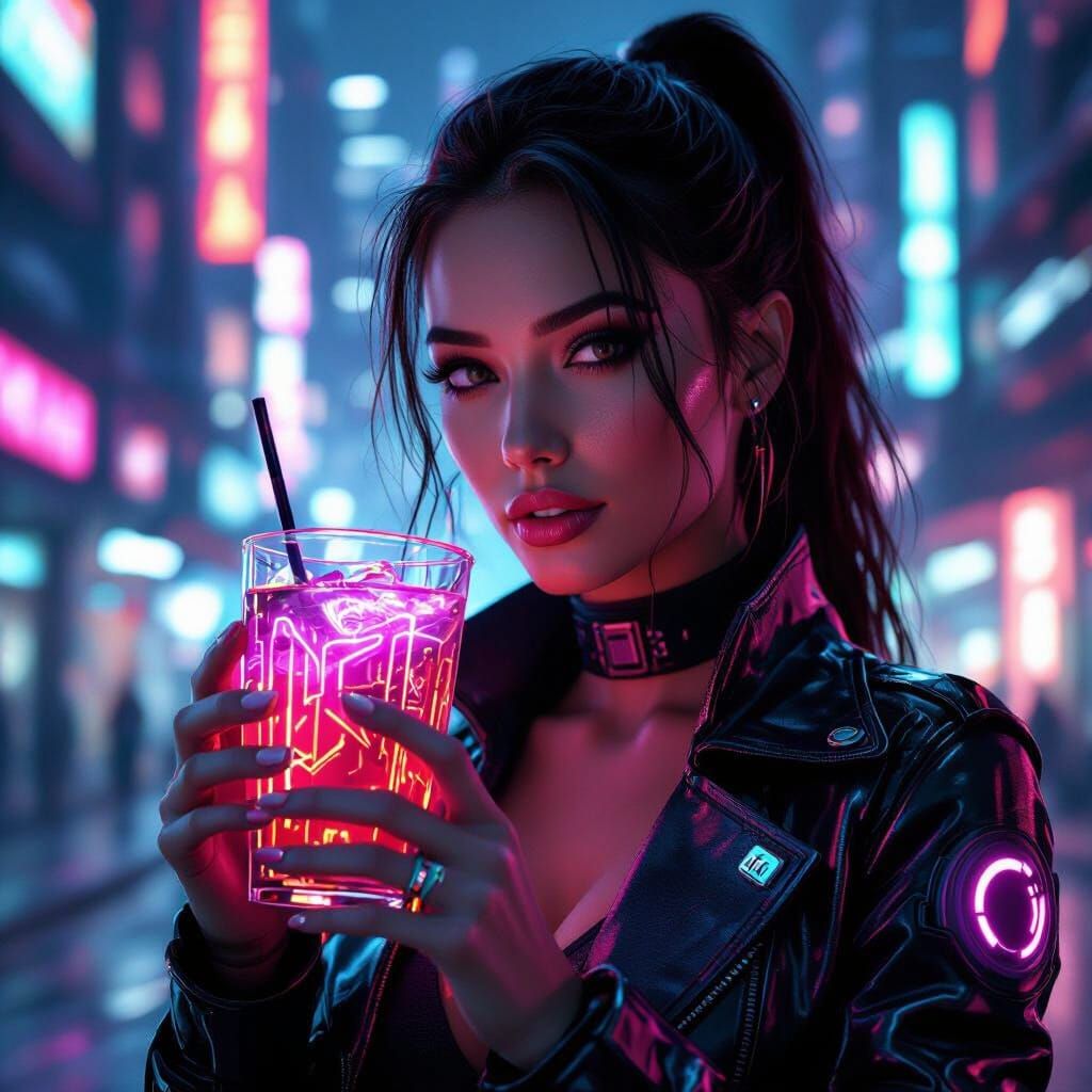 Cyberpunk Cityscape With Woman Holding Futuristic Drink