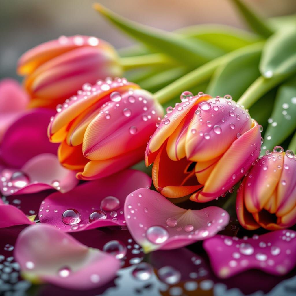 Tulips and Rose Petals with Water Droplets