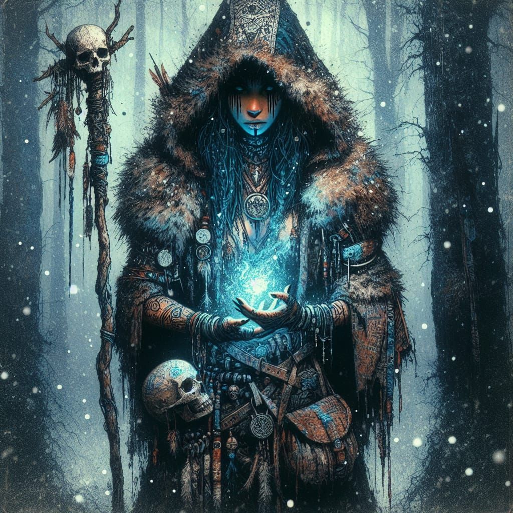 Surreal Hypermaximalist Portrait of Latina Shaman in Dark Fo...