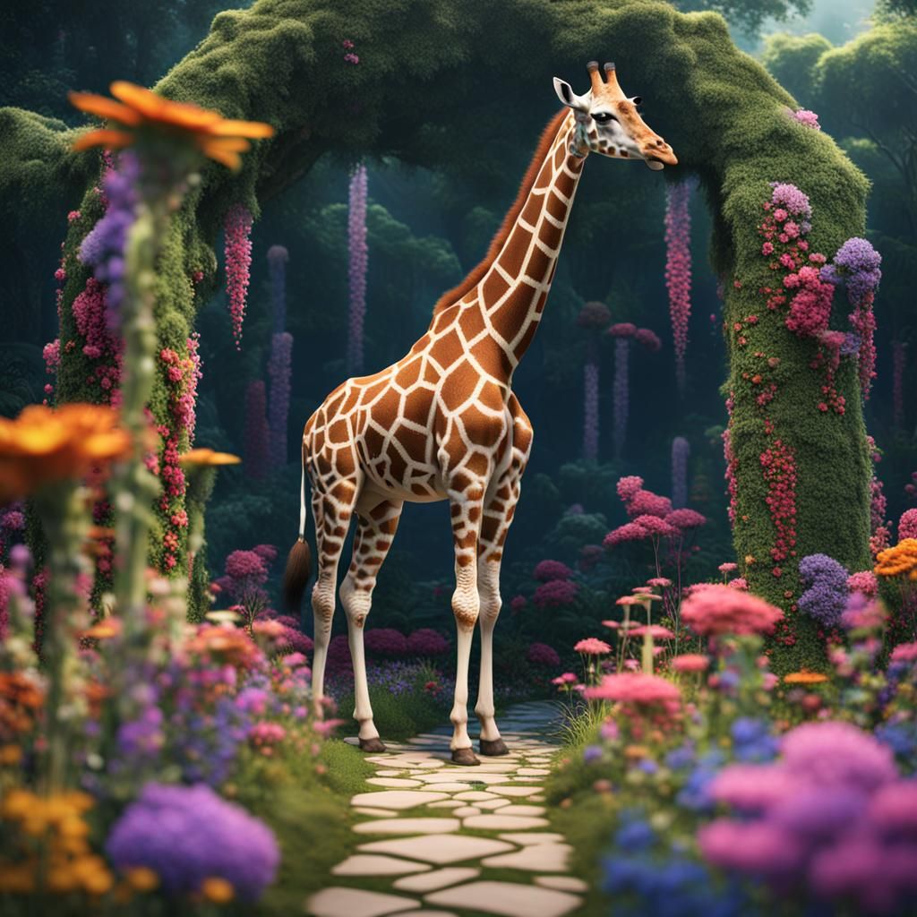 Giraffe in Secret Flower Garden: Detailed Matte Painting