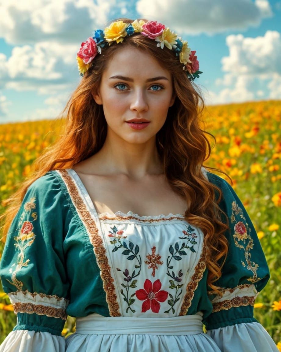 Celtic Woman in Field of Flowers Oil Painting