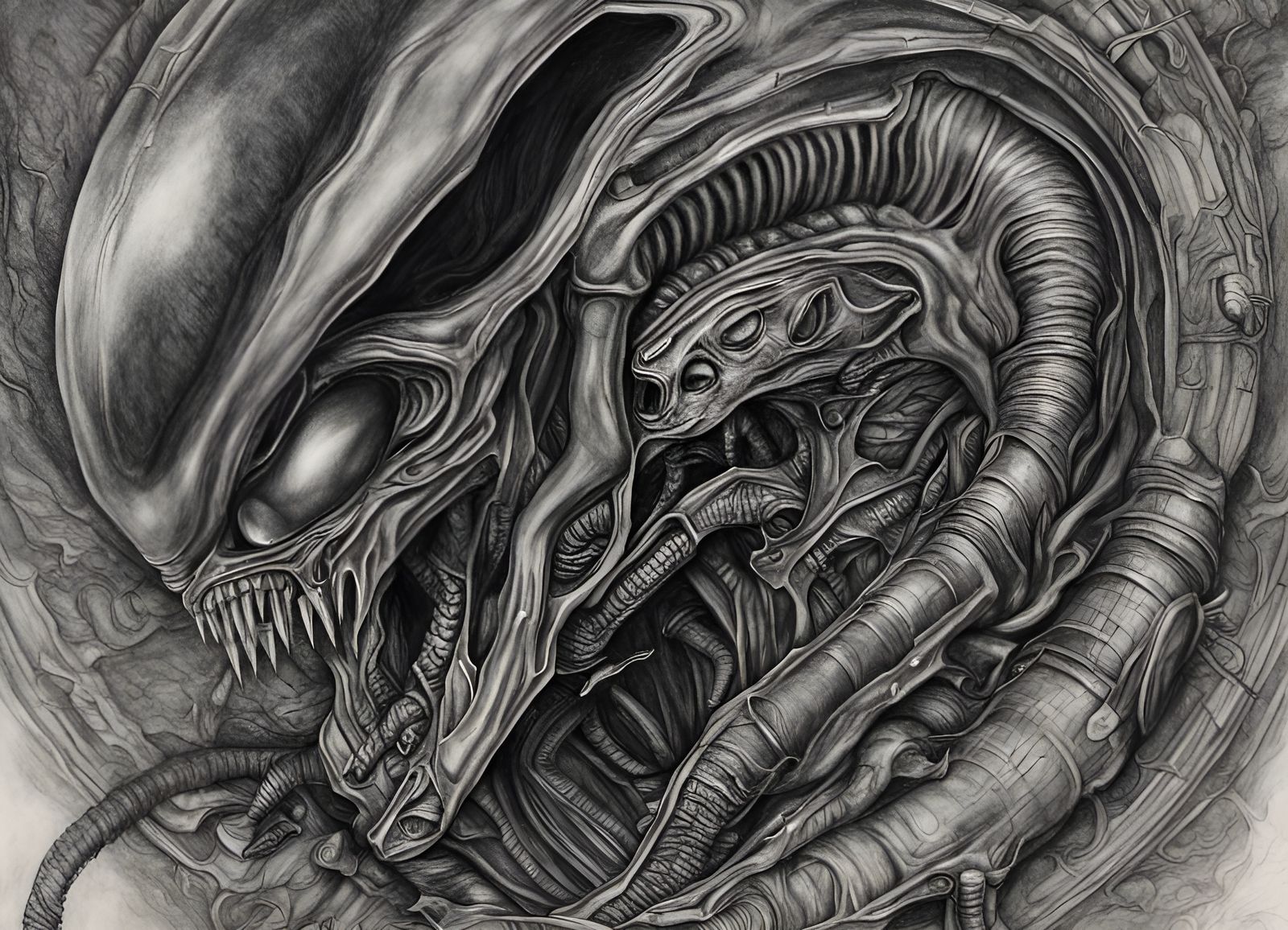 Hyperdetailed Charcoal Drawing of a Xenomorph