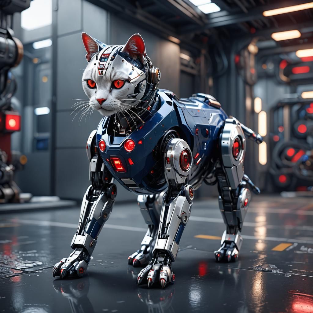 Robotic Cat with Red Optics in Sci-Fi Art