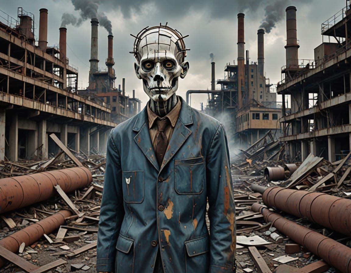 A Melancholic Figure in Industrial Ruins