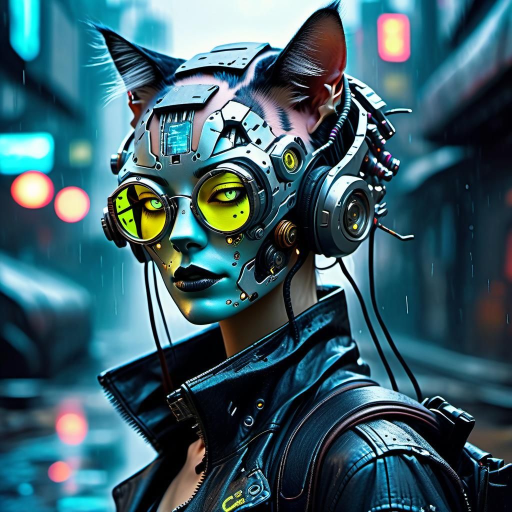 Cyberpunk Android Girl Protecting Cyborg Cat
