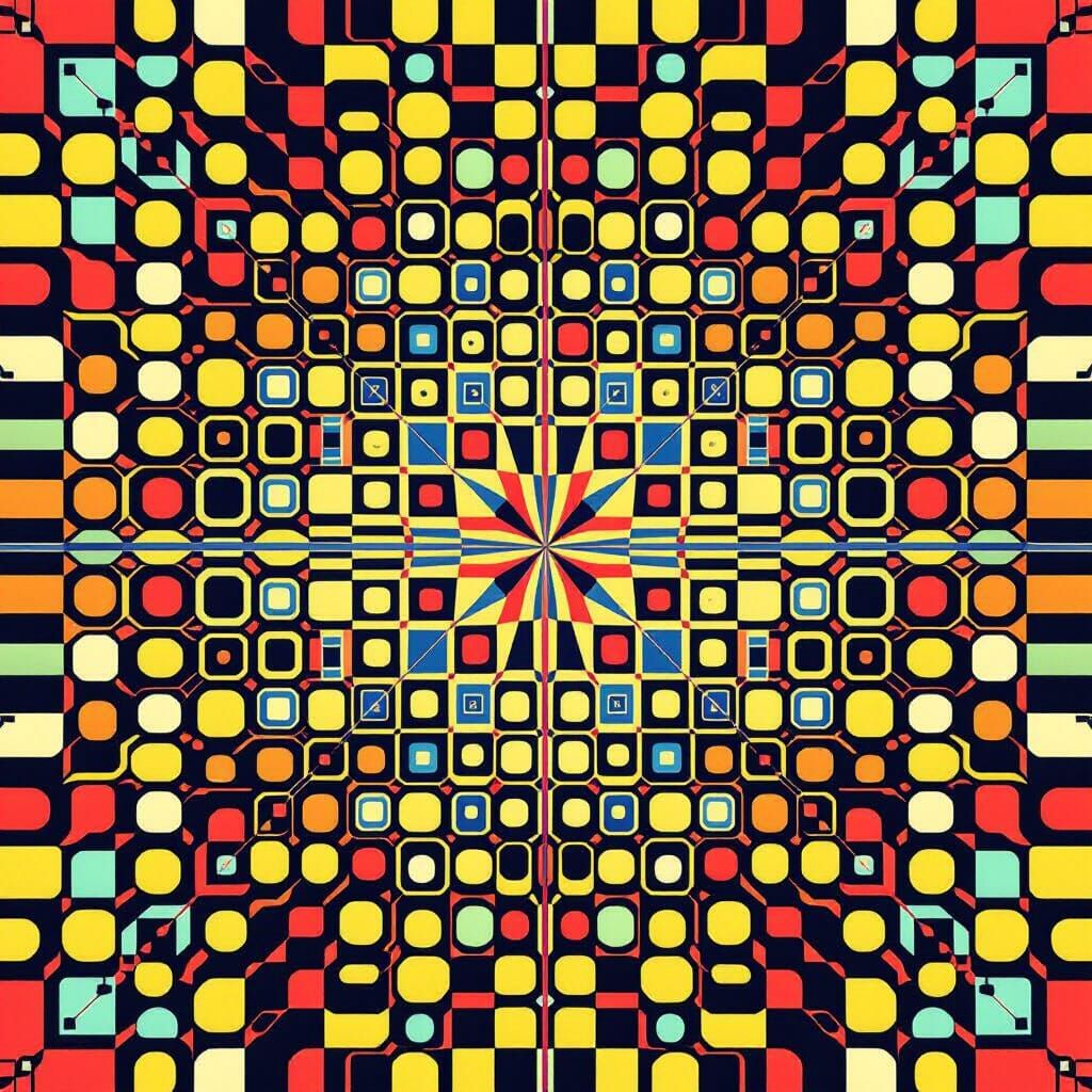 Geometric Cellular Automaton Grid in Retro-Futuristic Style