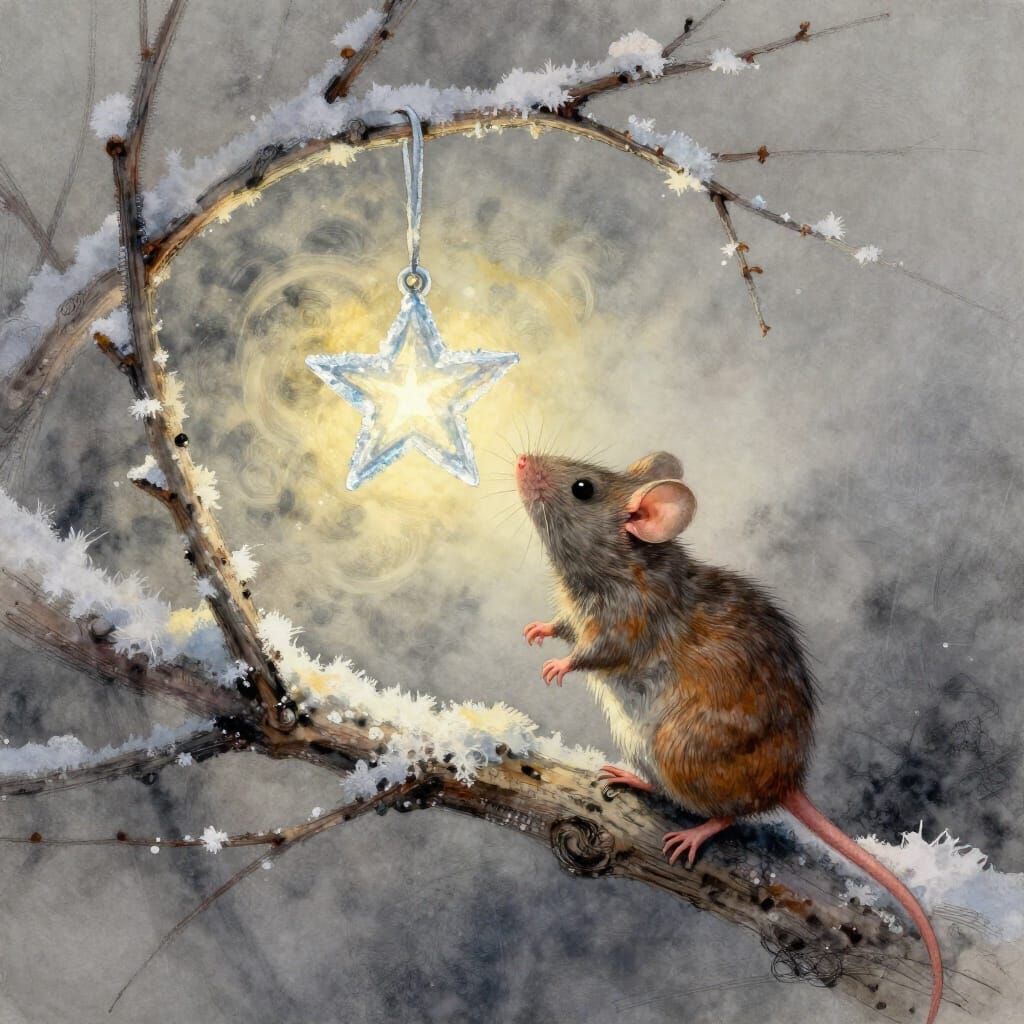 Mouse Hangs Ice Star Ornament in Winter Magic Scene