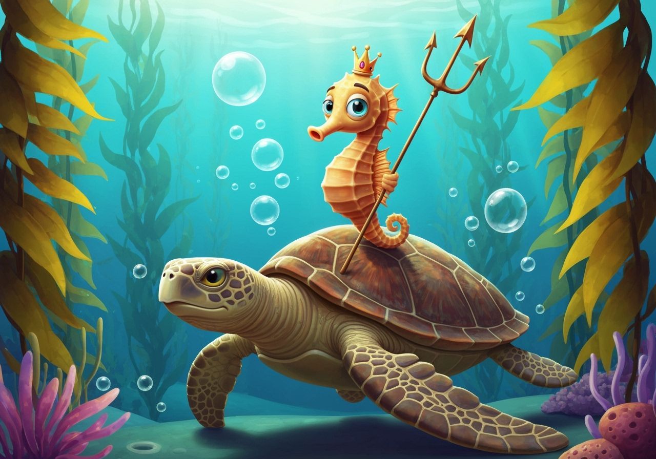 Whimsical Seahorse King on Sea Turtle Adventure