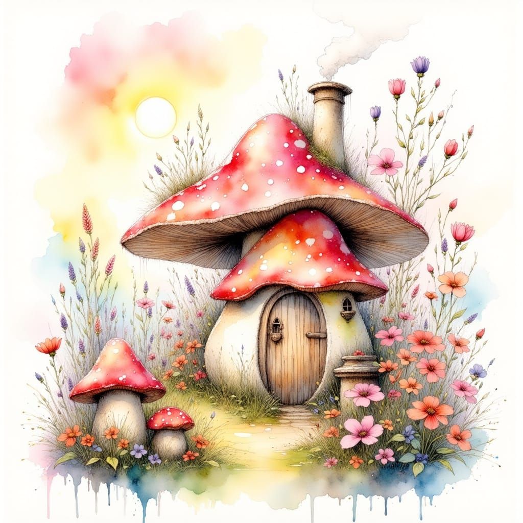 Watercolor Toadstool House at Sunrise with Wildflowers