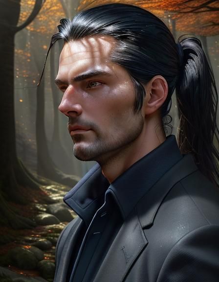 Renaissance Man in Autumn Forest, Close-up Portrait