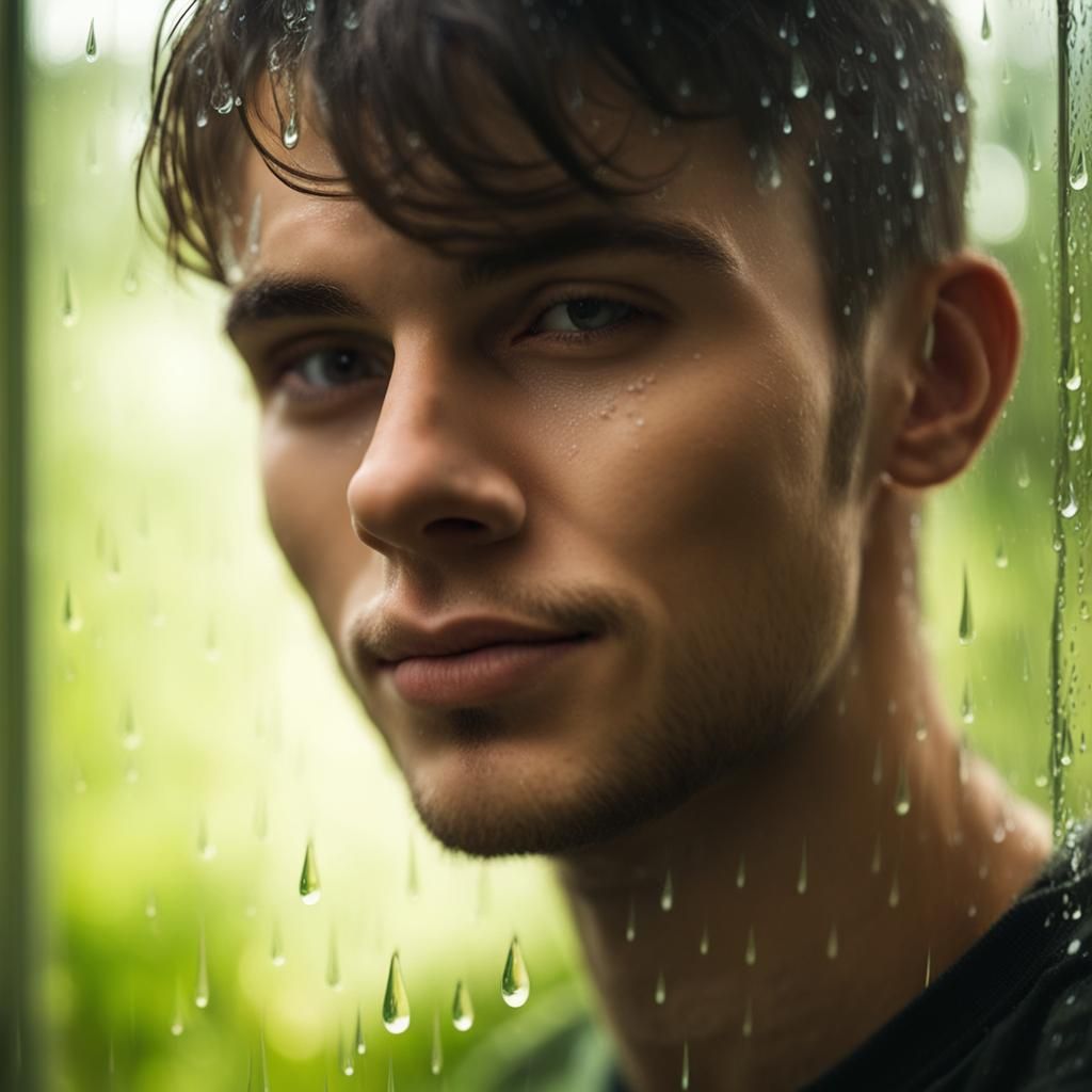 Smiling Man Behind Rain Window with Green Background