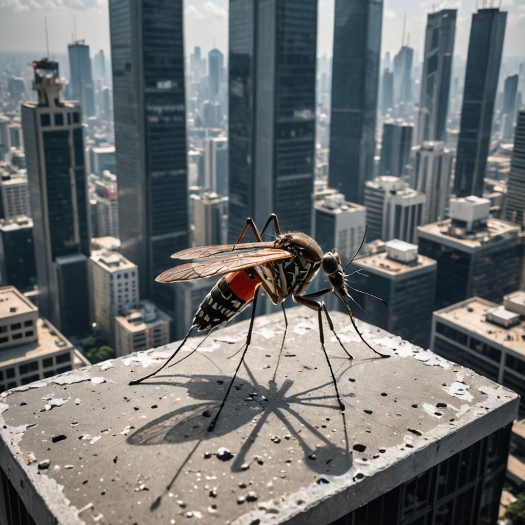 Giant Mosquito Perched on Skyscraper