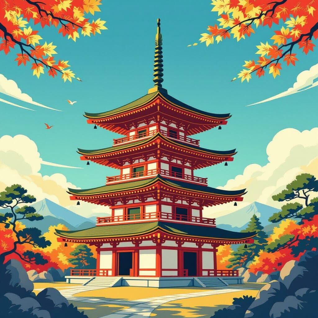 Vibrant Red and Gold Pagoda in Golden Hour Light